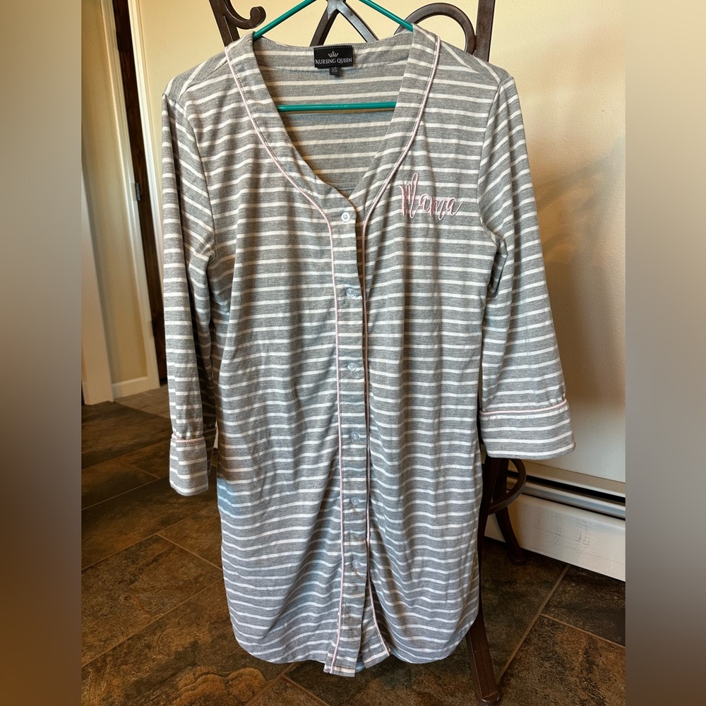 Nursing Queen Gray and White Striped Top